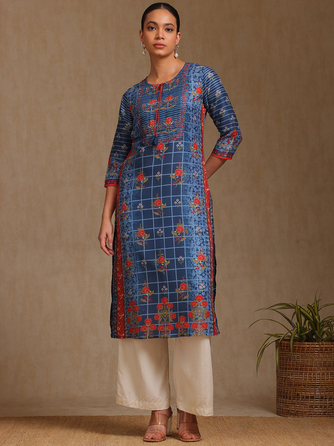 Soch Floral Printed Tie-Up Neck Muslin Straight Kurta