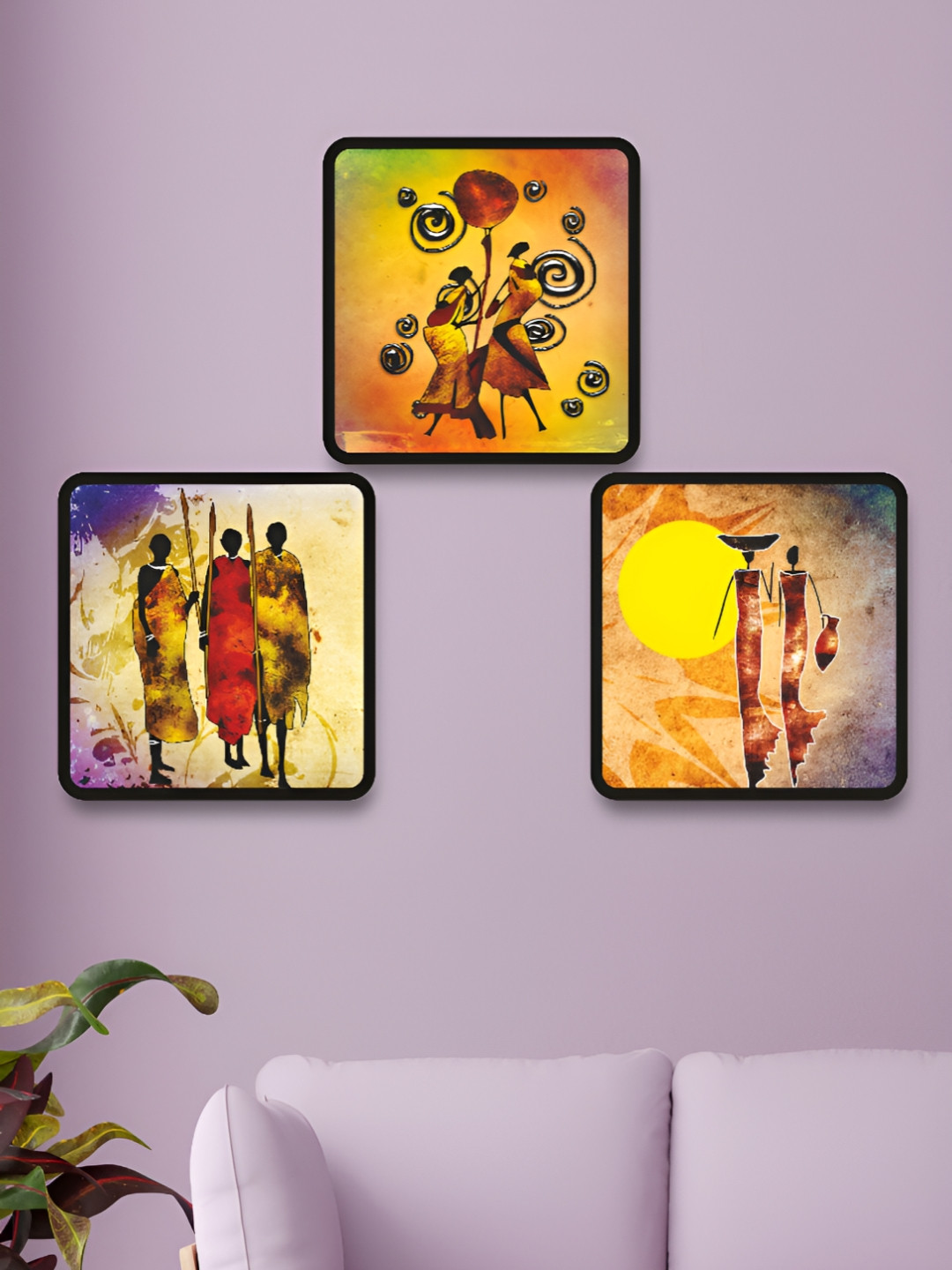 Myntra Elegant Homes Black & Yellow 3 Pieces Modern Art Wood Wall Art