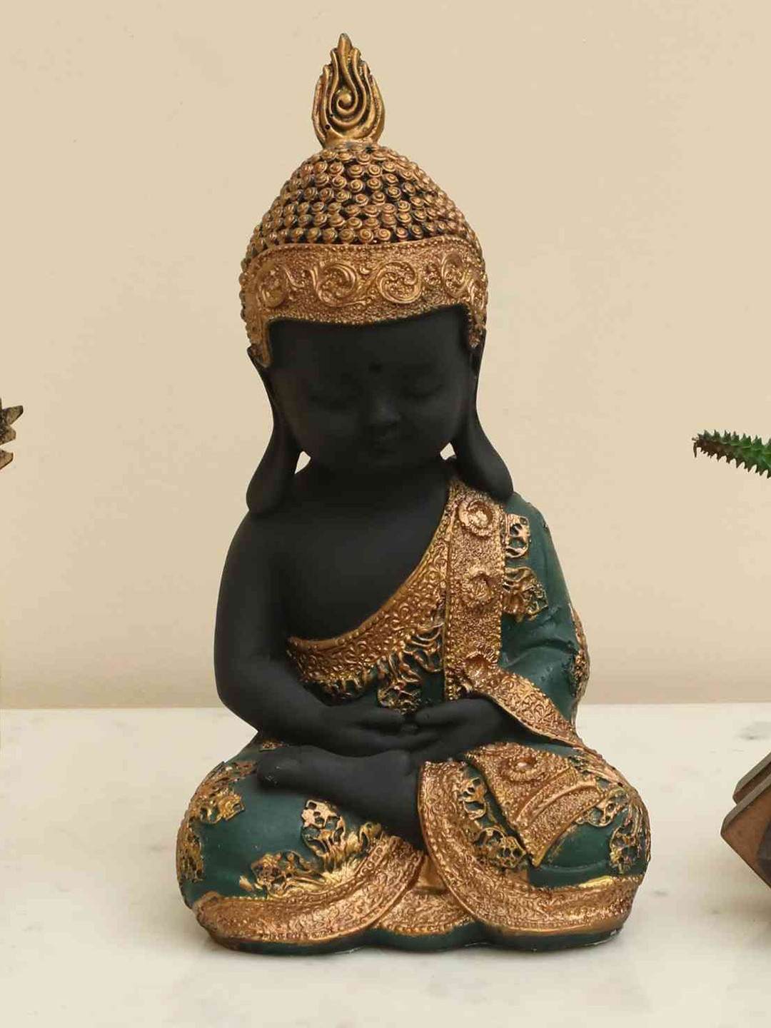 vedas S-Justen Monk Meditating Gold Polyresin Natural Living Room Medium Showpiece - 9.8 Inches
