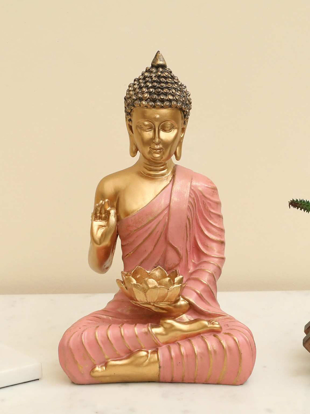 vedas S-Arro Buddha Gold Polyresin Glossy Prayer Room Medium Showpiece - 9.8 Inches