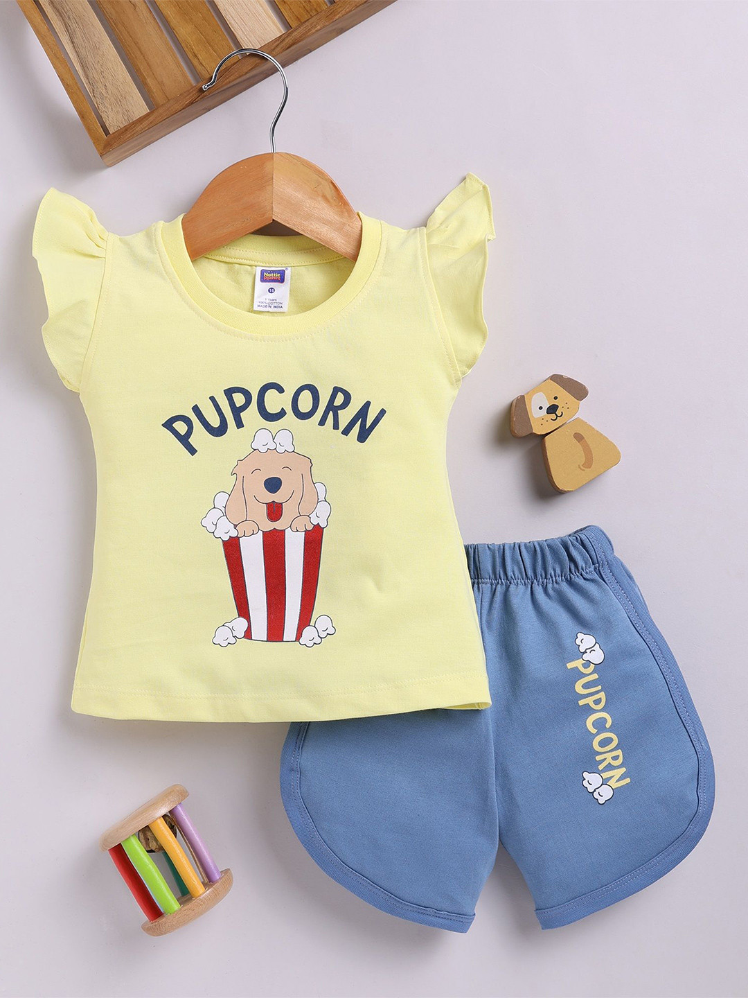 Nottie Planet Girls Popcorn Printed Round Neck Pure Cotton T-shirt With Shorts