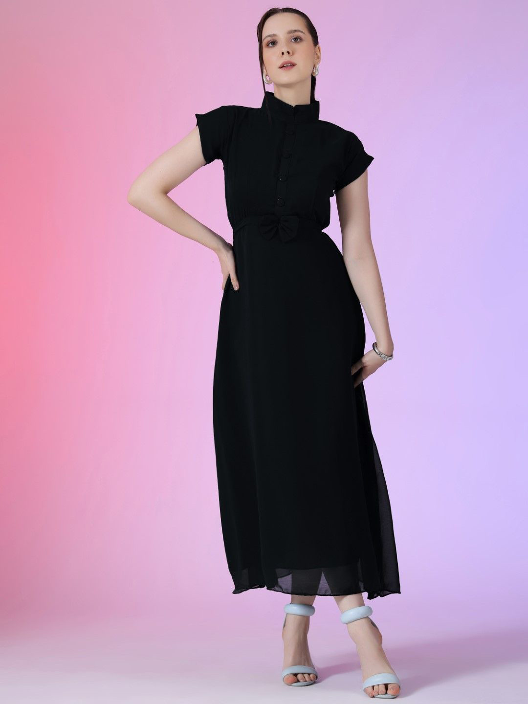 Raiyani Fashion Women High Neck Short Sleeves Fit & Flared Maxi Dress