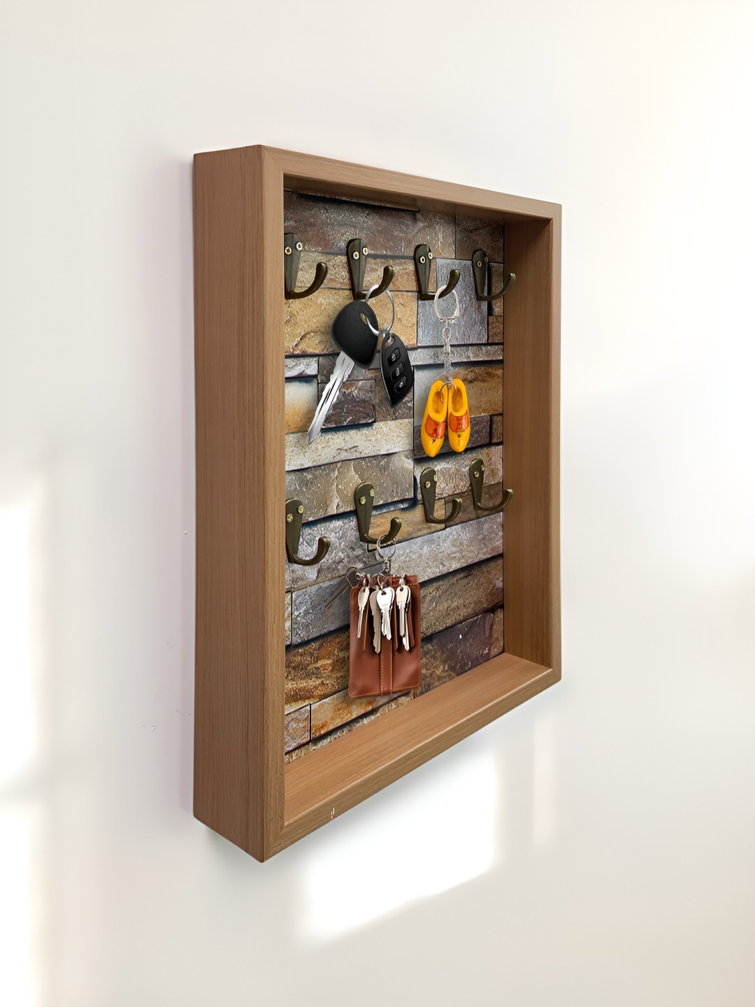 Art Street Brown 8- Hooks Wall Mounted Photo Frame Wooden Key Holder