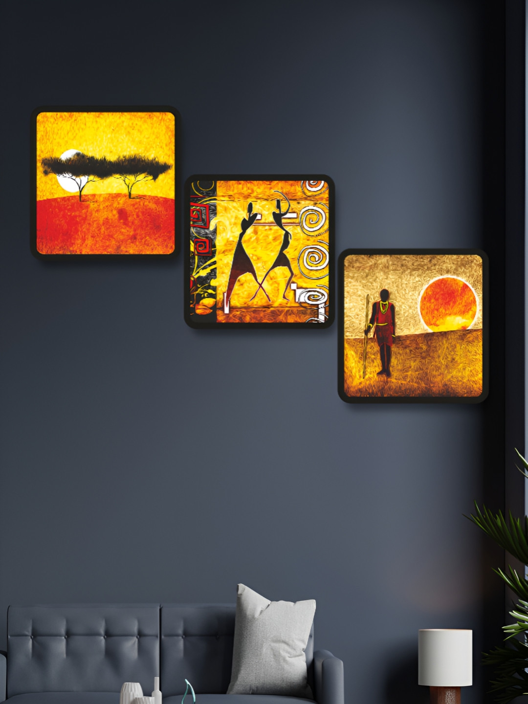 Myntra Elegant Homes Yellow & Black 3 Pieces Modern Art Printed Wooden Wall Art