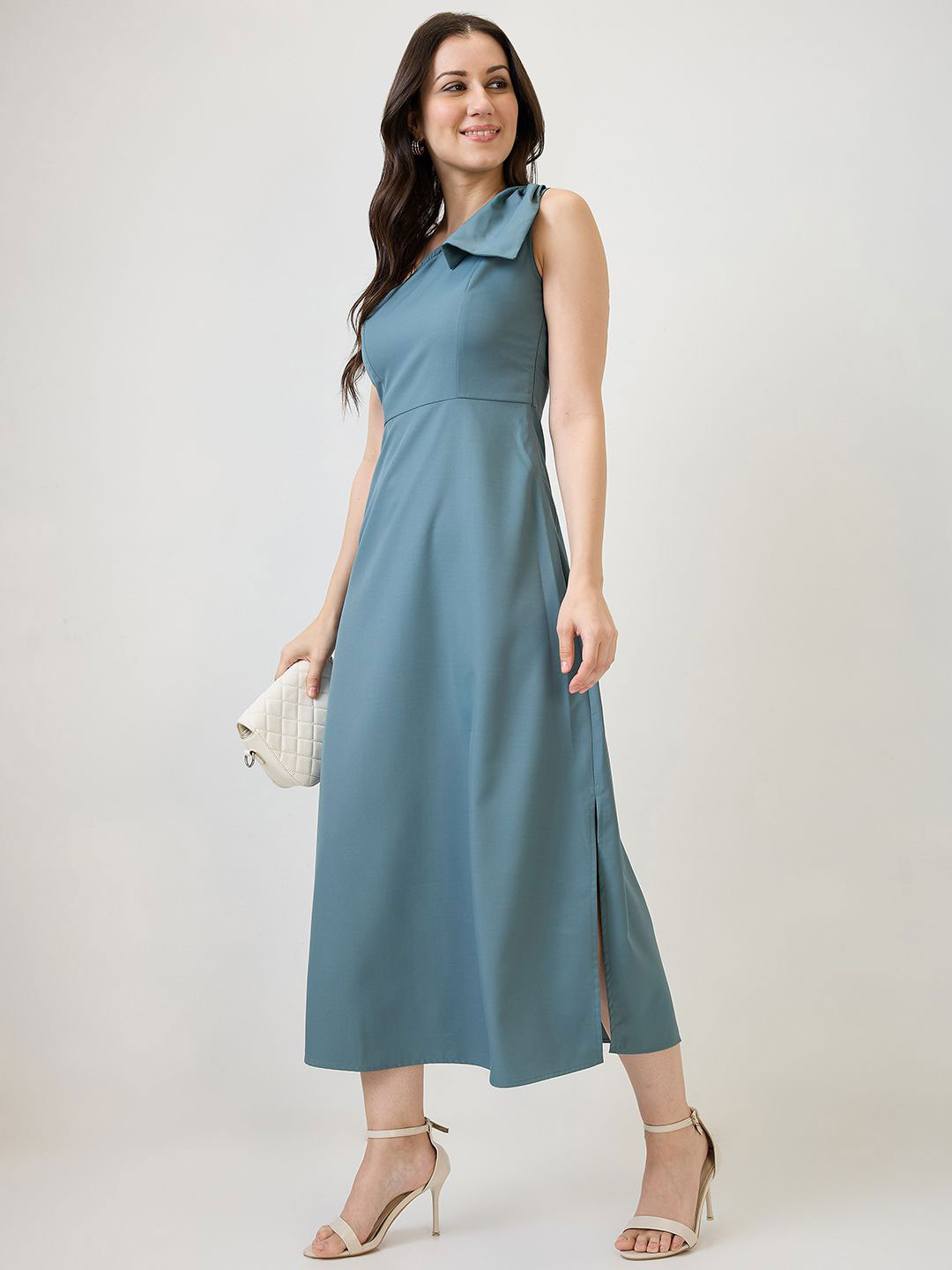 Globus One Shoulder Bow Detail Side Slit A-Line Maxi Party Dress