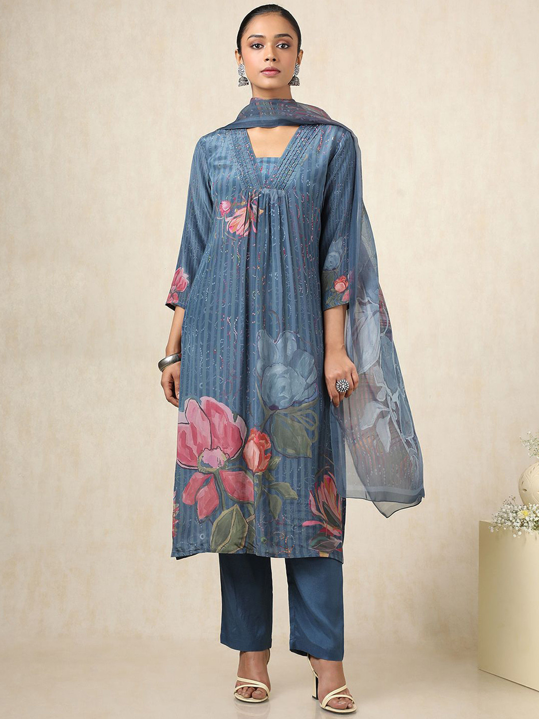 Soch Floral Printed Pleated Square Neck Beads & Stones Kurta With Trousers And Dupatta