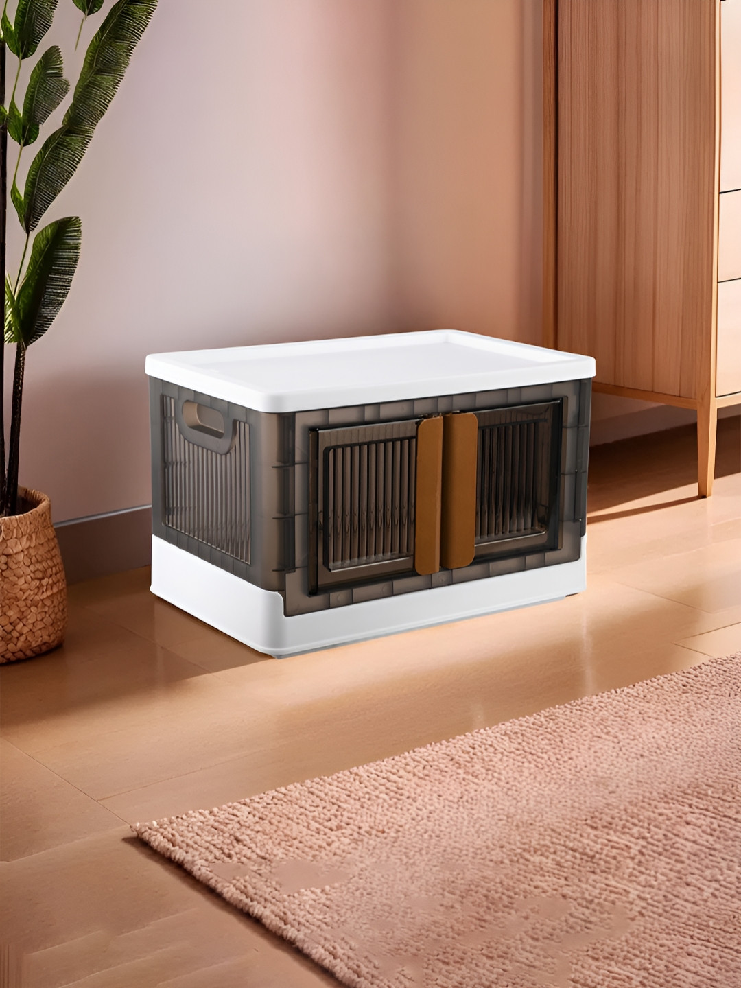 Aura Black & White Plastic Folding Wardrobe Storage Box Double Door Organisers