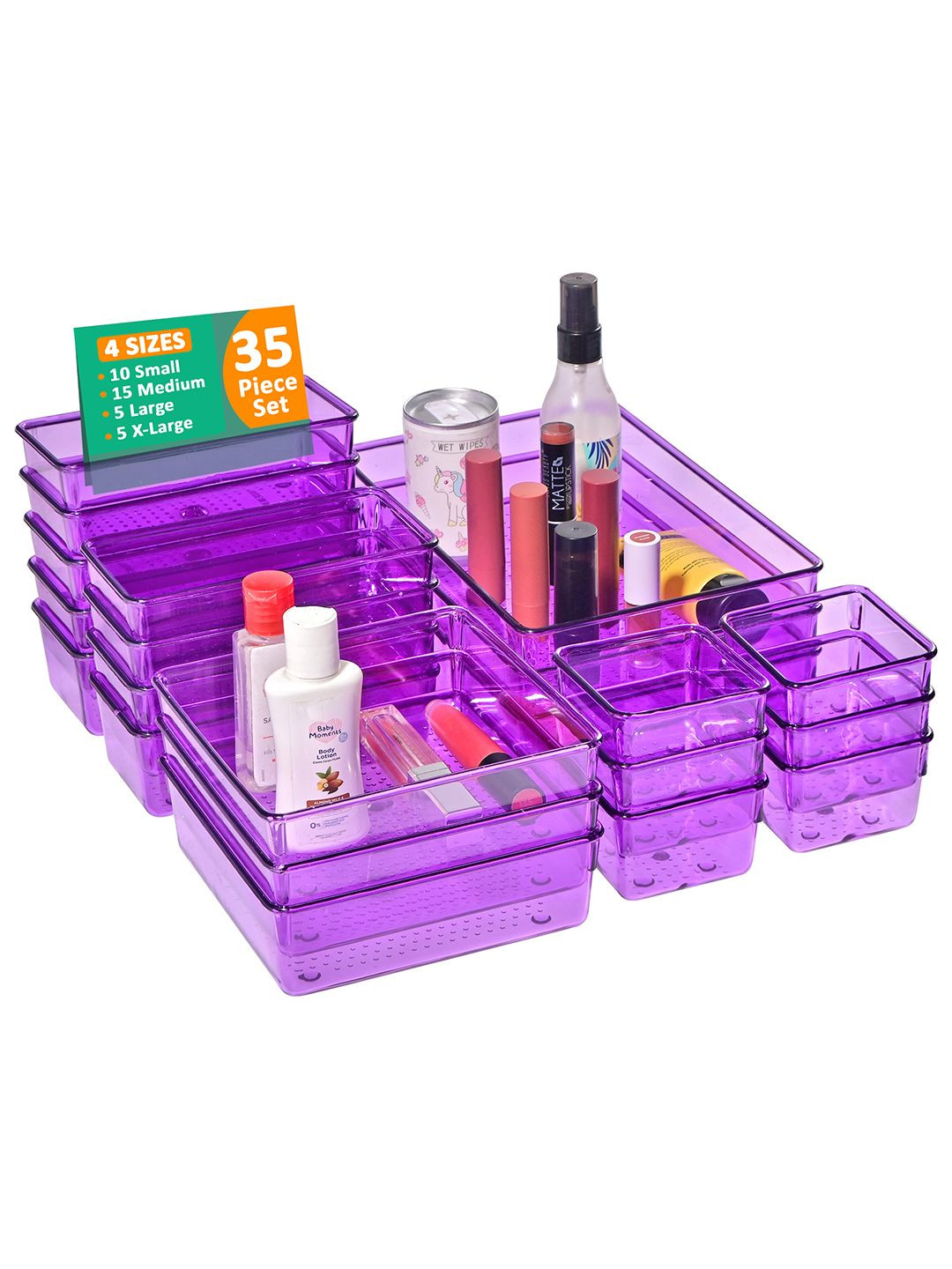 Kuber Industries Purple 35 Pcs Transparent Cosmetic Vanity Makeup Drawer Organisers