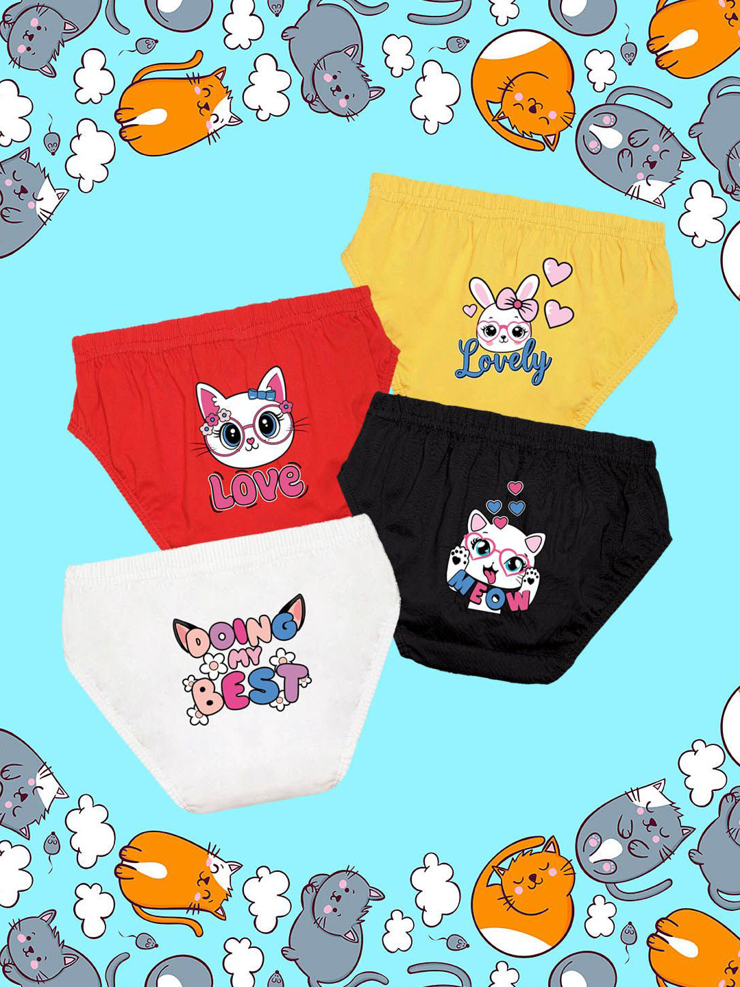 NUSYL Girls Pack Of 4 Cat & Rabbit Face Printed Pure Cotton Basic Briefs