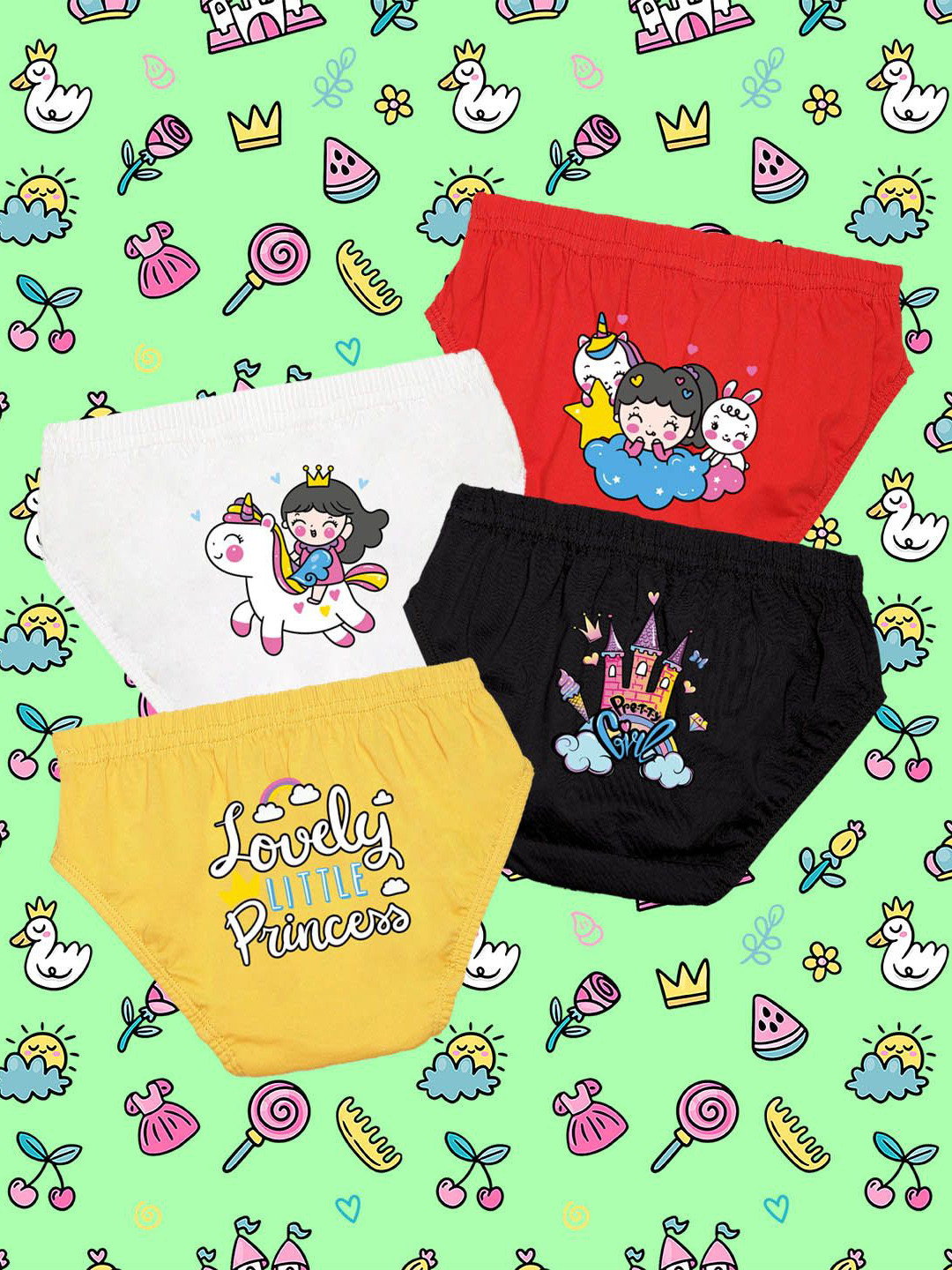 NUSYL Girls Pack Of 4 Printed Cotton Mid-Rise Basic Briefs