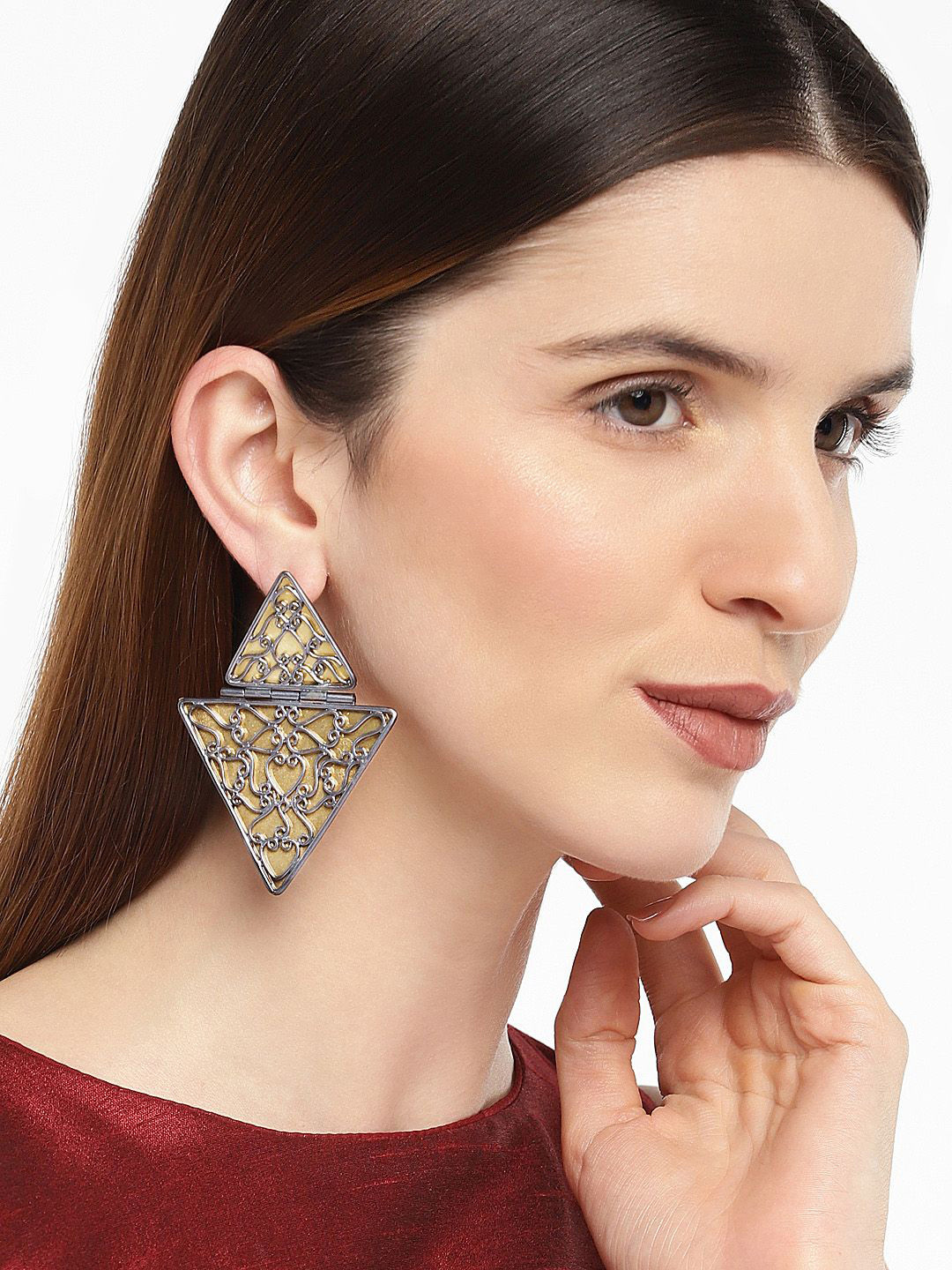 House of Pataudi German Silver Gold-Plated Triangular Dangle Drop Earrings