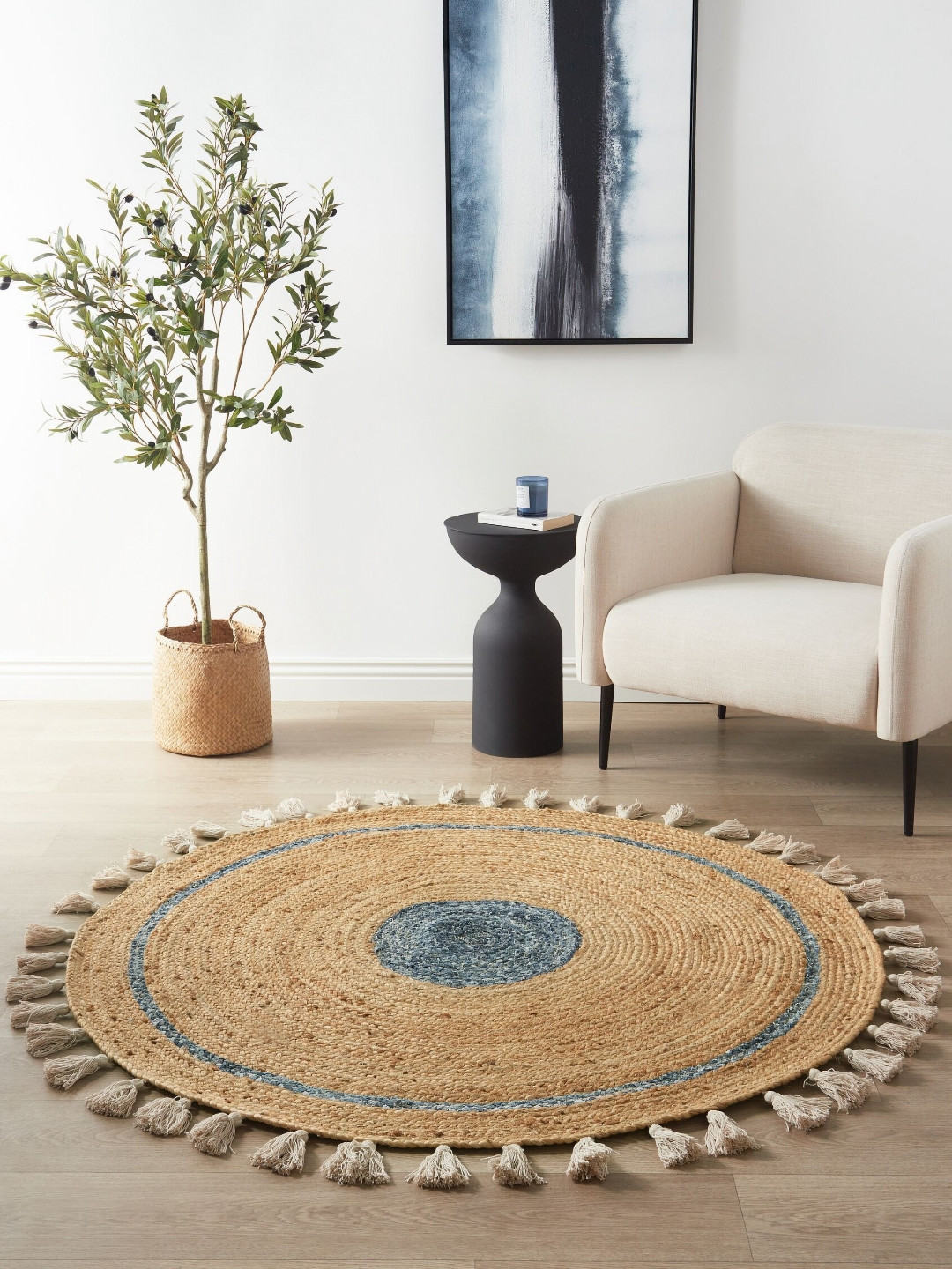 Art Avenue Wellington Beige & Blue Textured Round Floor Jute Carpet