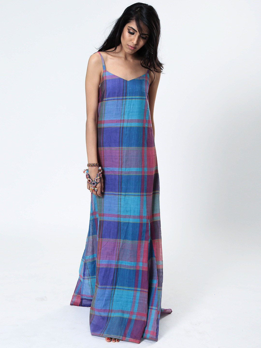 Aapro Women Cotton Checks Spaghetti Maxi Dress