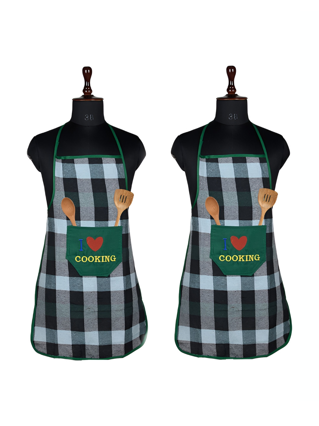 Aura Green & White 2 Pieces Checked Waterproof Cotton Aprons
