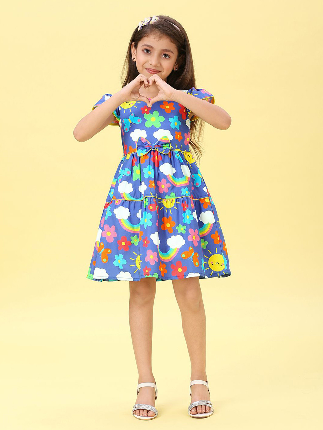 Macwin Girls Cotton Floral Printed Tiered Cap Sleeves Fit & Flare Cotton Dress With Bow Details
