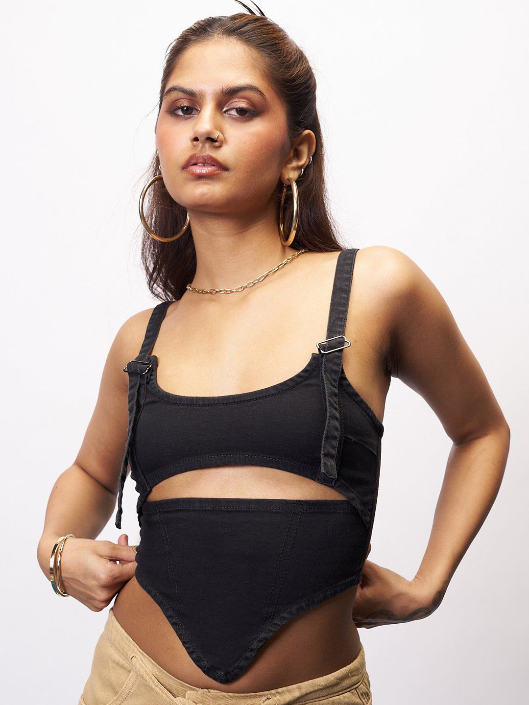 FREAKINS Women Dark Ash Adjustable Denim Corset Top