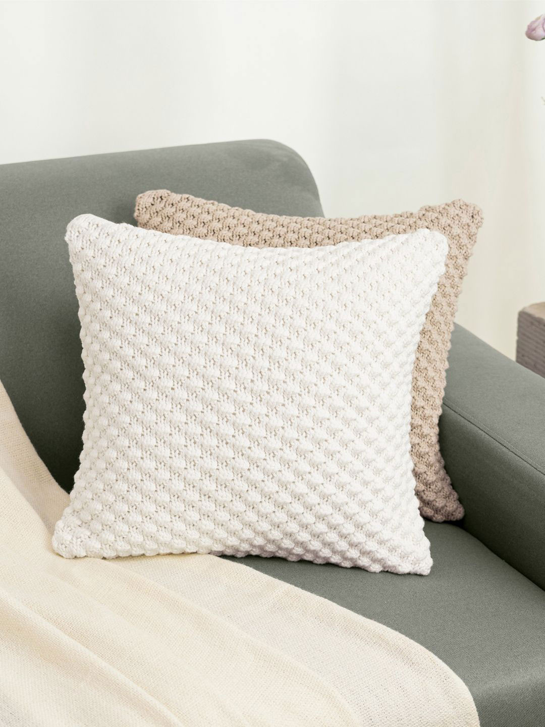 haus & kinder White Self Design Cotton Breathable Textured Square Cushion Cover -16x16In