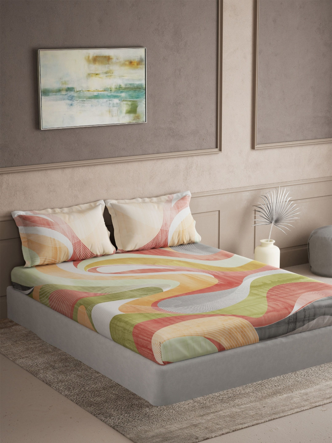 DDecor Elemental Red & Green Abstract Cotton 145 TC Queen Bedsheet Set- 2.54 m x 2.74 m