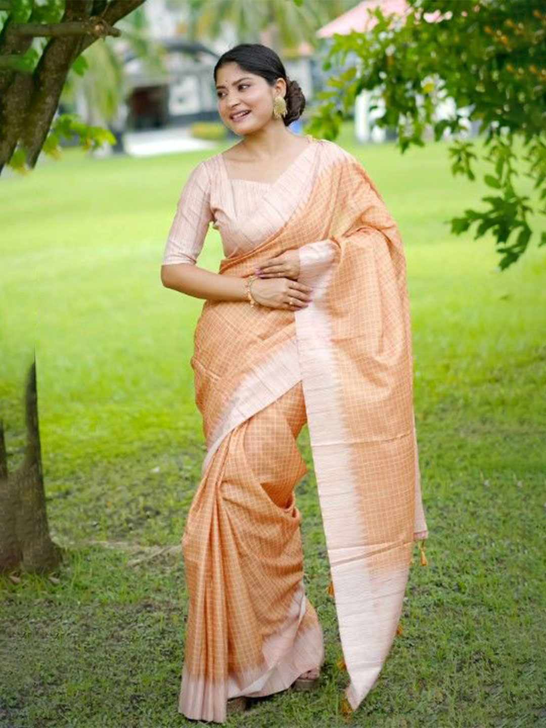 VISHNU WEAVES Stylish Checked Patterns Printed Tussar Silk Saree