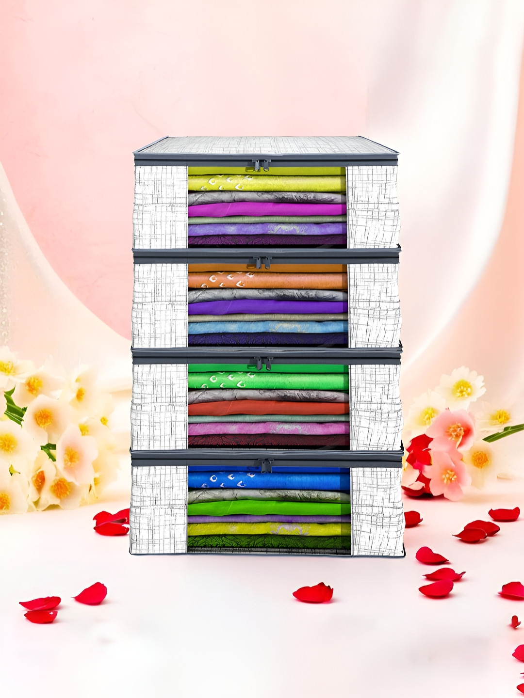 Aura Grey & White 4 Pieces Non-Woven Saree Cover 9 Inch Clothes Bag