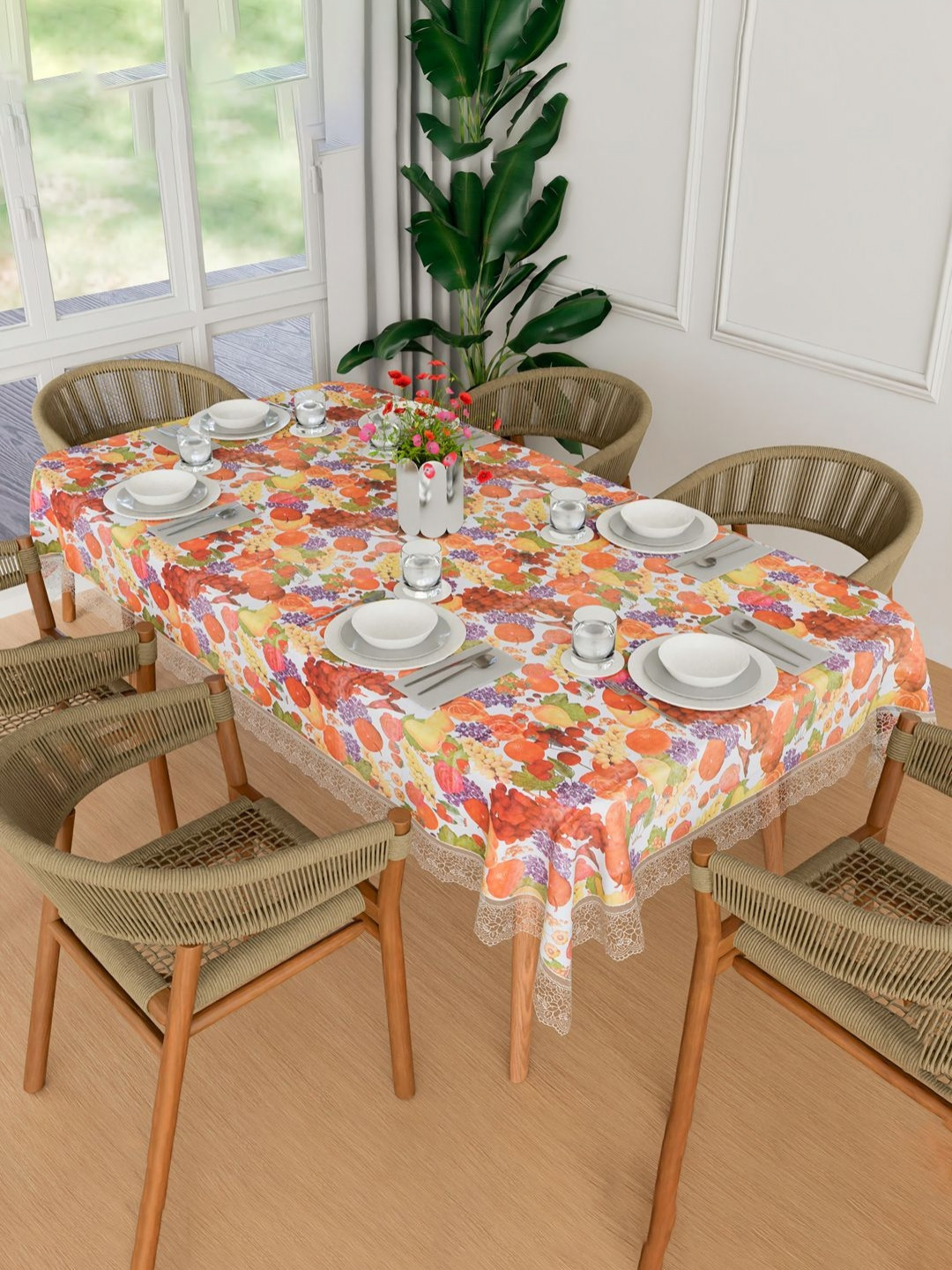 Aura White & Red Printed Waterproof 6-Seater Rectangle PVC Table Cover1.52 m x 2.3 m