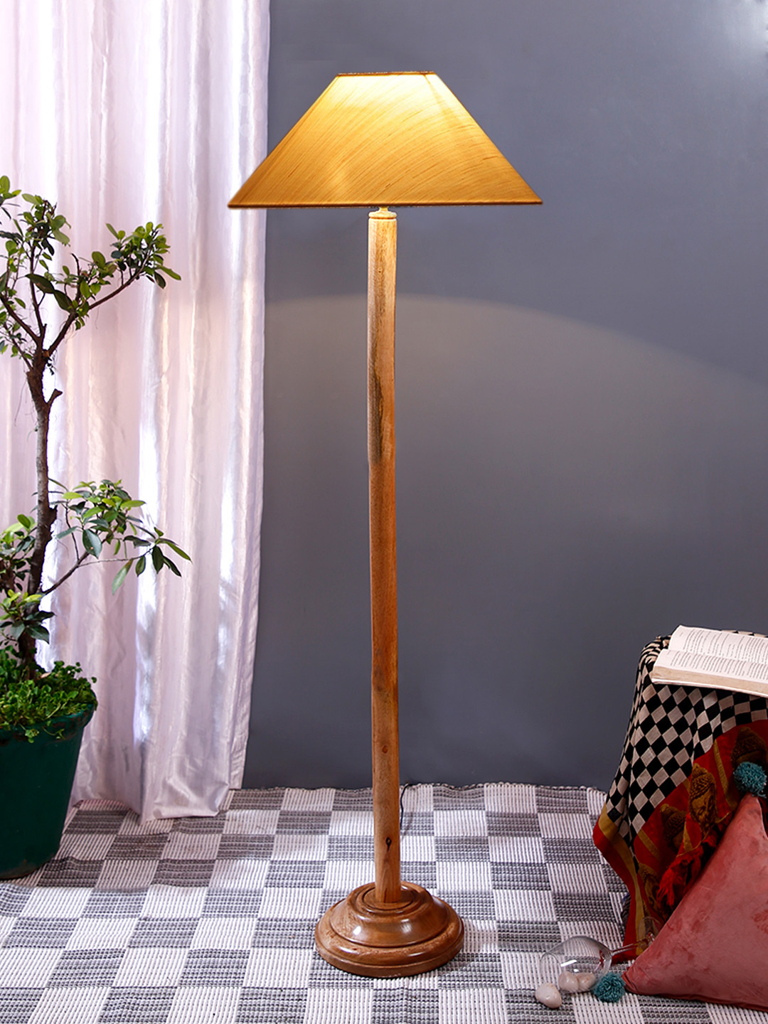 Devansh Off White & Brown Cotton Coolie Shade Wood Base Floor Lamps