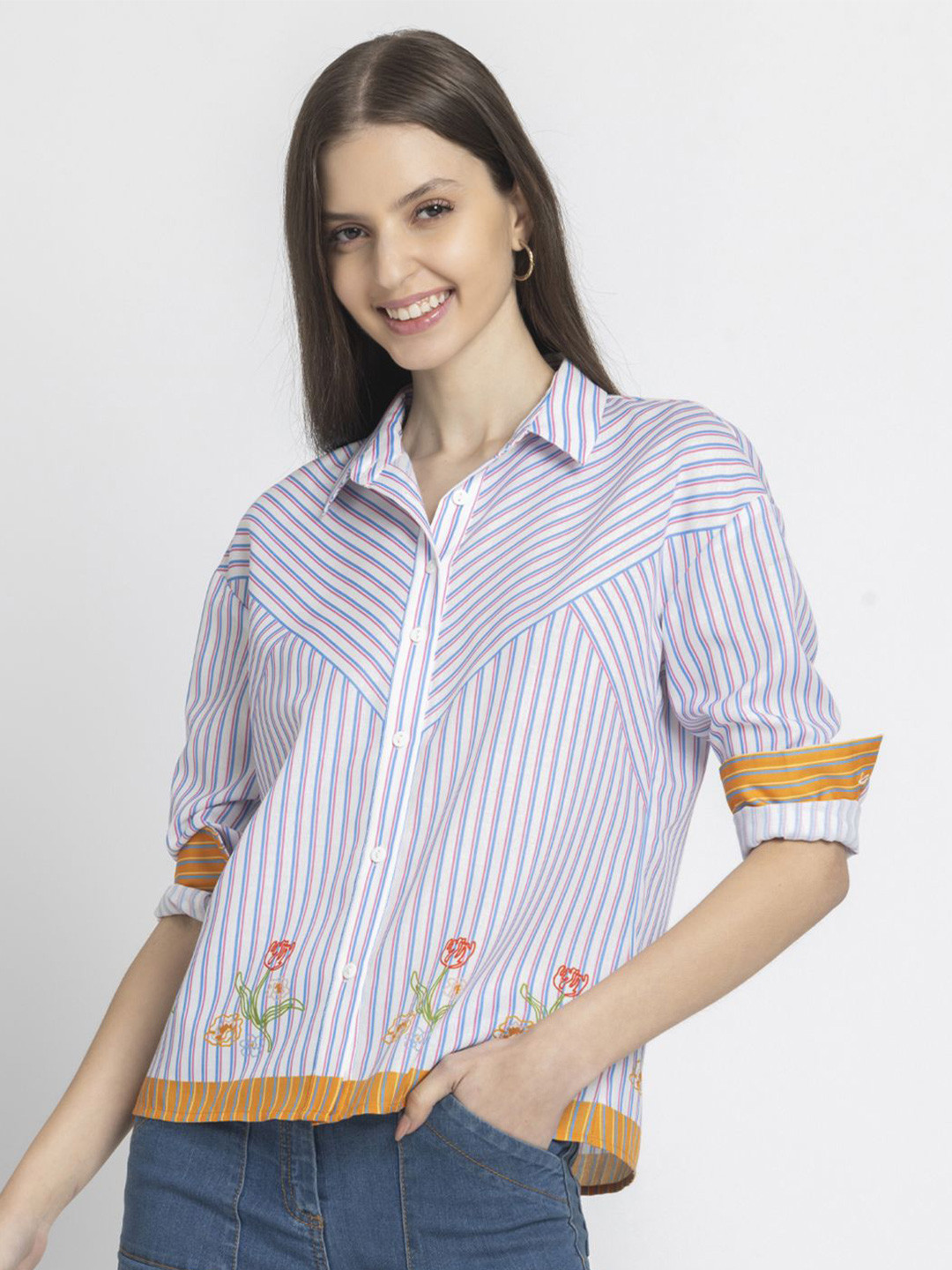 SHAYE Women Relaxed Multi Stripes Opaque Printed Casual Shirt