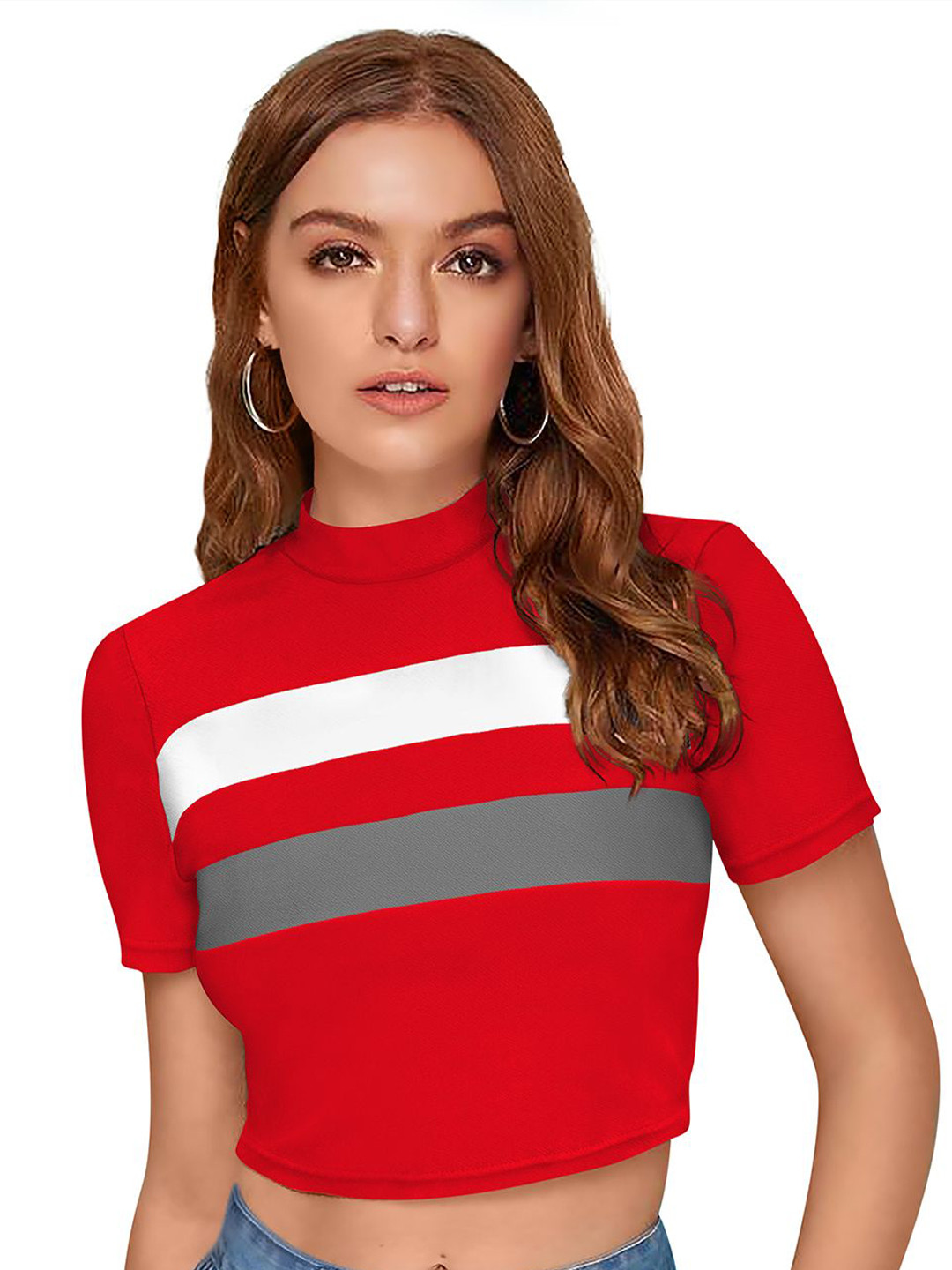 S.K.C Women High Neck Striped Fitted Crop Top