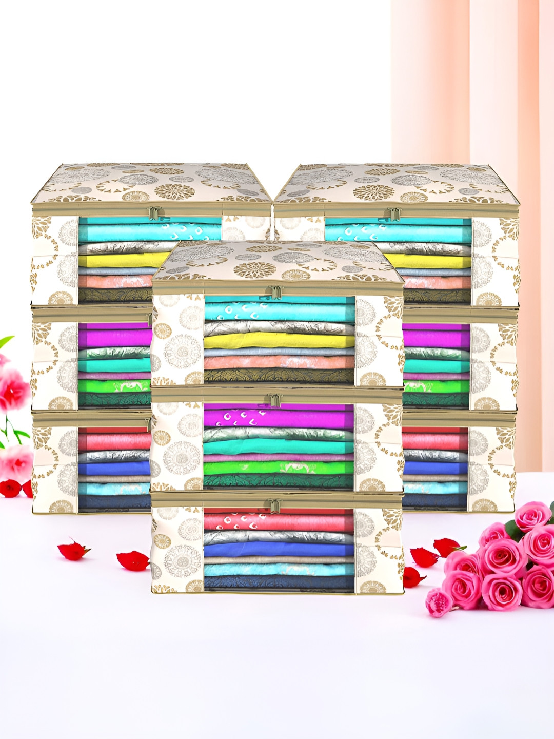 Aura White & Gold Toned 9 Pieces Non-Woven Saree Cover 9 Inch Clothes Bag