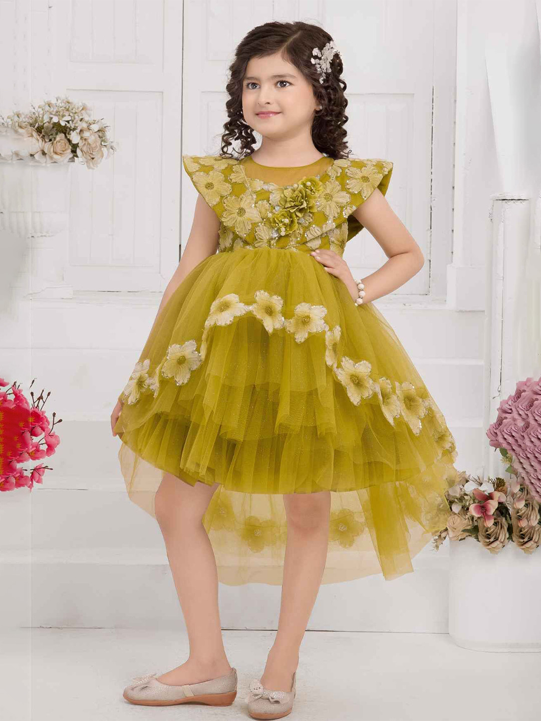 Lagorii Girls Mustard Tailback Frock With Sequins Work And Floral Embellishments