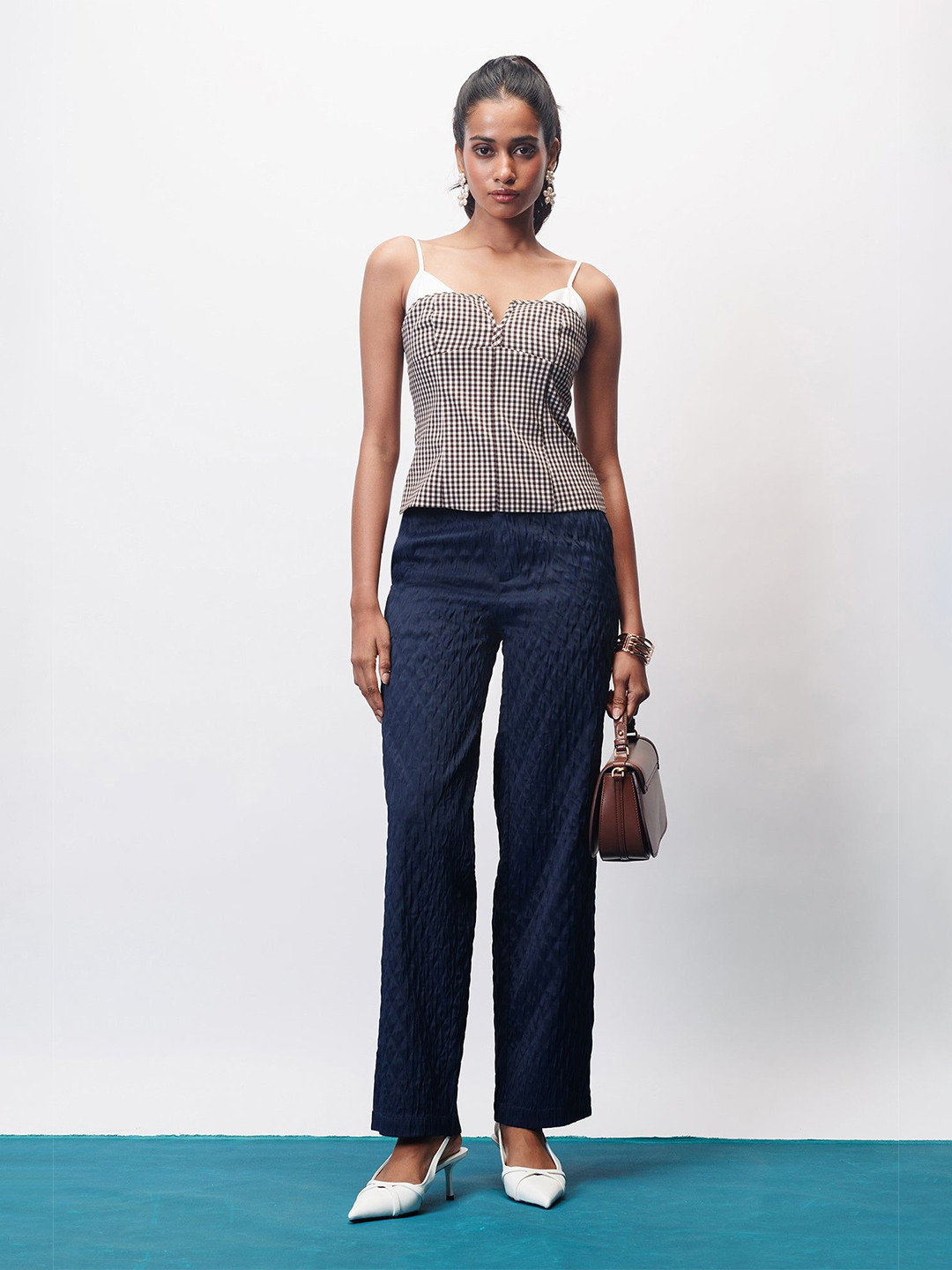 FREAKINS Women Navy Night Textured Korean Pants