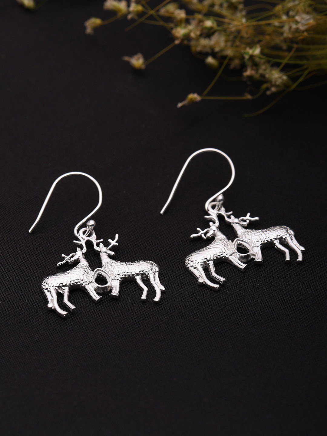 Exotic India Sterling Silver-Plated Duet Deer Drop Earrings