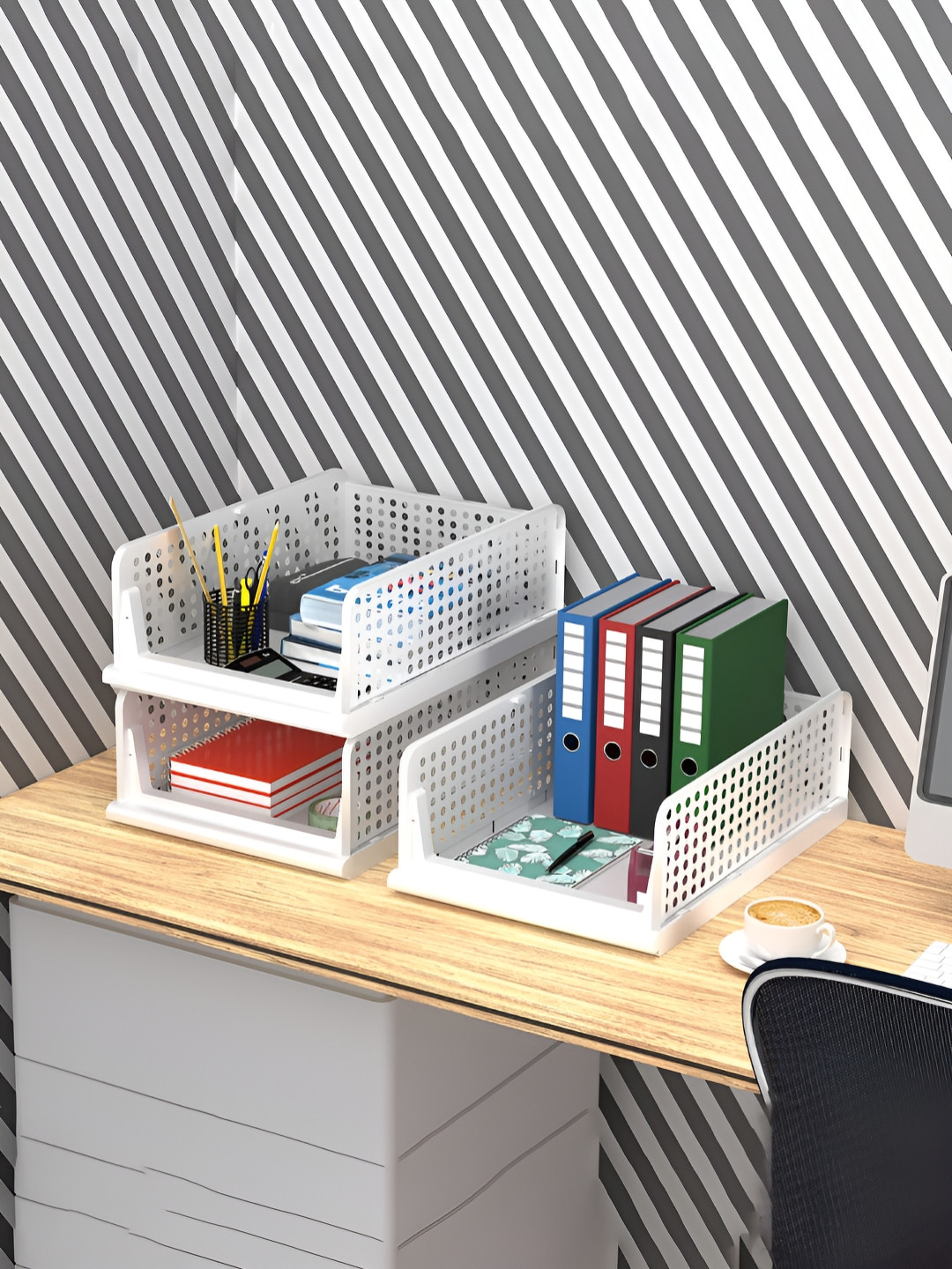 Aura White 3 Pieces Regular Plastic Office Storage Box Desk Organisers