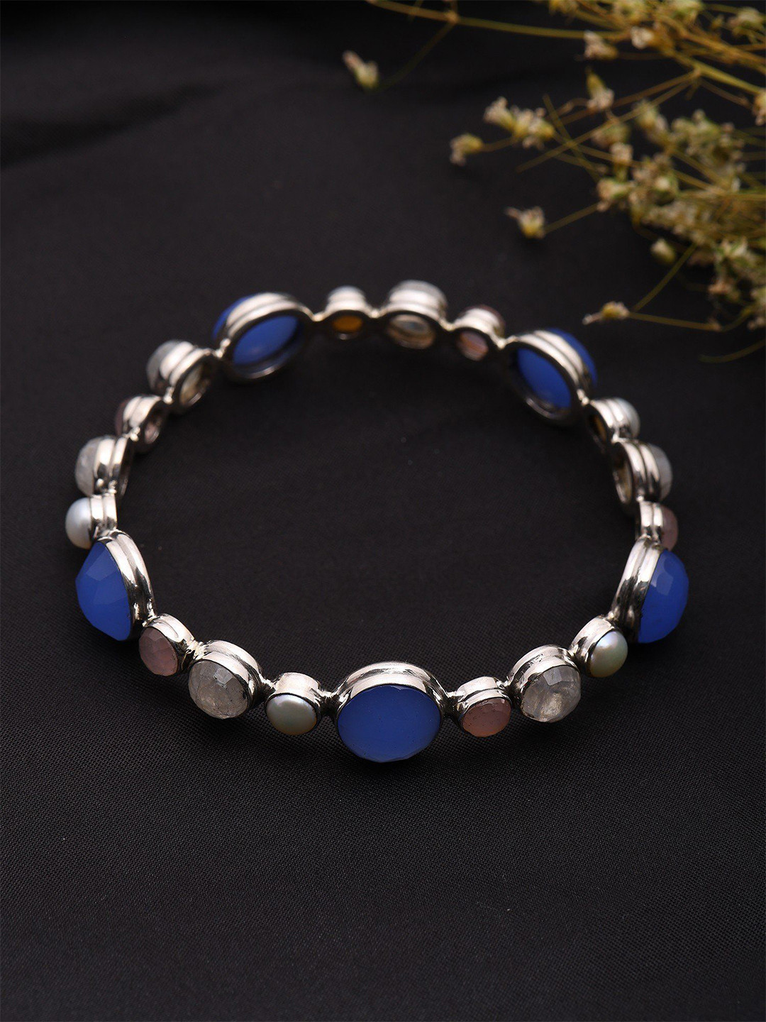 Exotic India Women Sterling Silver-Plated Stone Studded Round Shaped Bangle-Style Bracelet