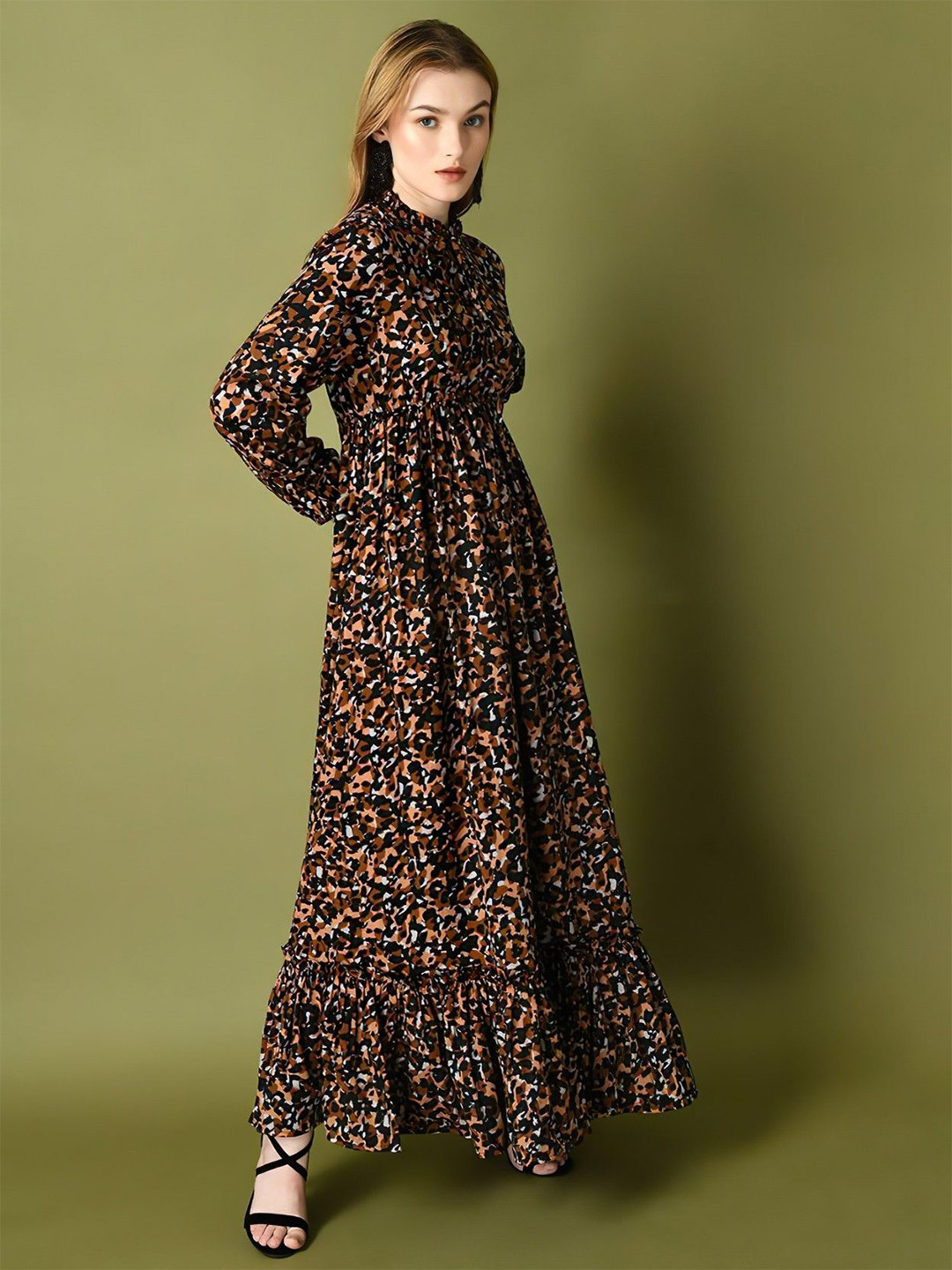 Jash Creation Animal Print Puff Sleeve Fit & Flare Maxi Dress