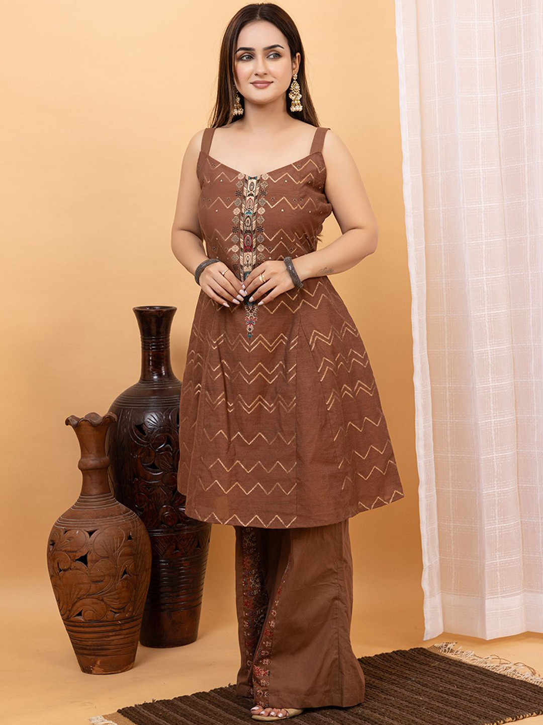 KIDAR Floral Jacquard Woven Design Shoulder Strap Tunic With Palazzo & Jacket