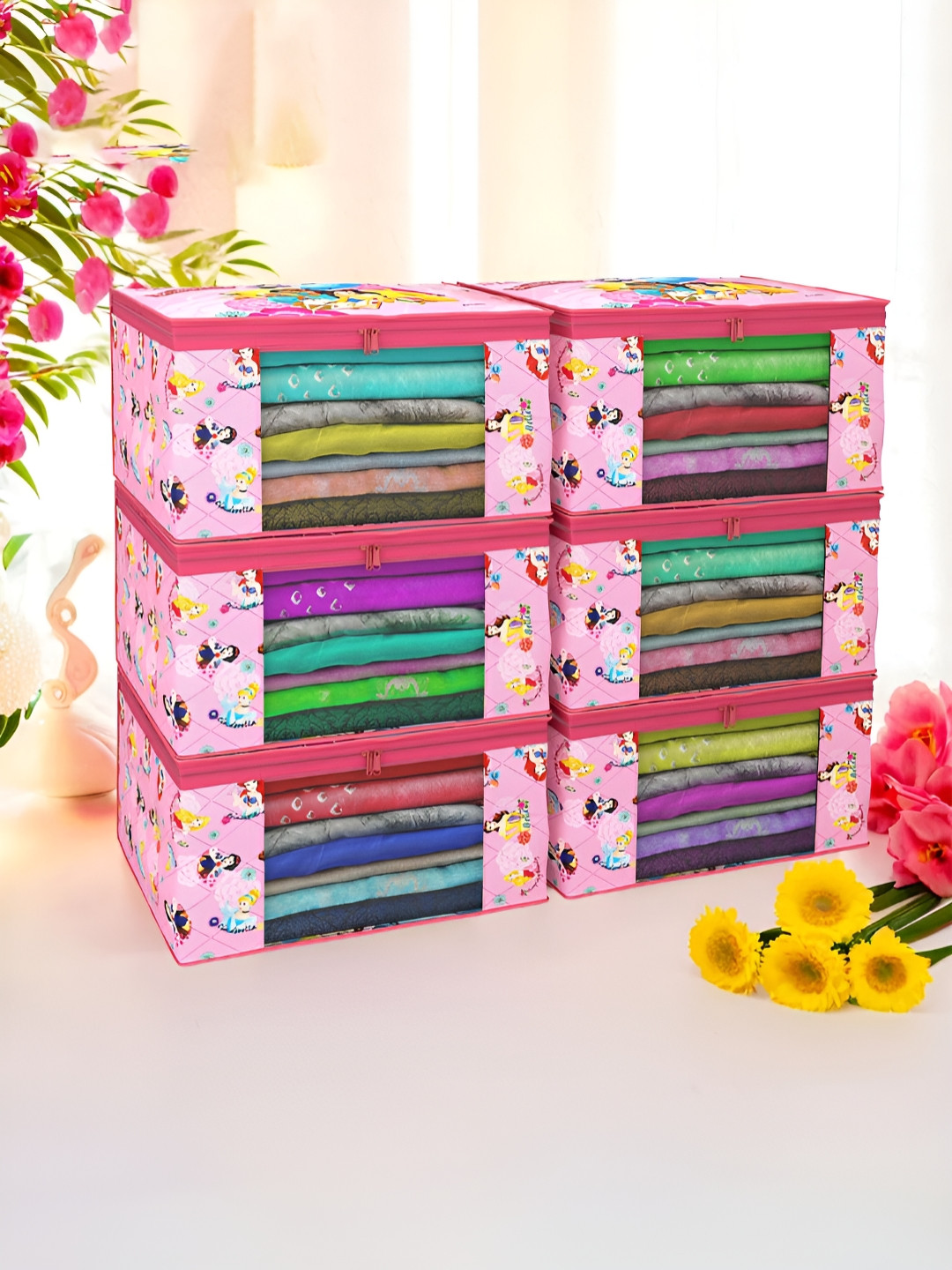 Aura Pink & Blue 6 Pieces Princess Non-Woven Saree Cover 9 Inch Clothes Bag