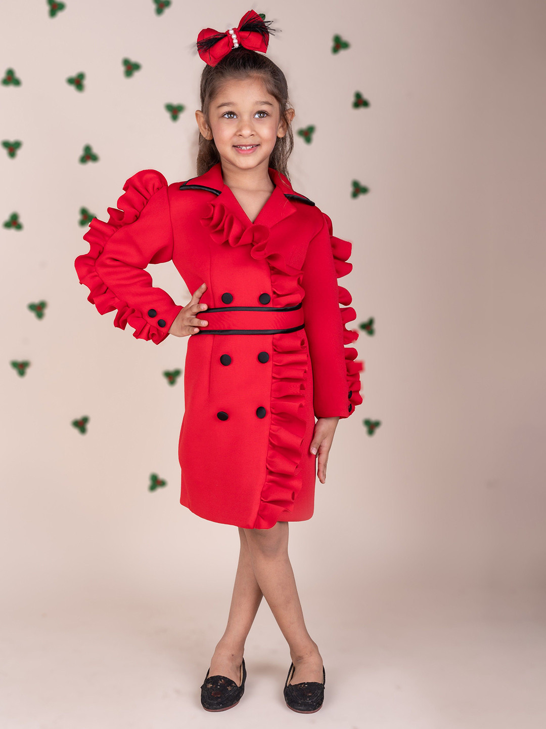 TOPLOVE Girls Solid Ruffle Detail Double Breasted Shirt Dress