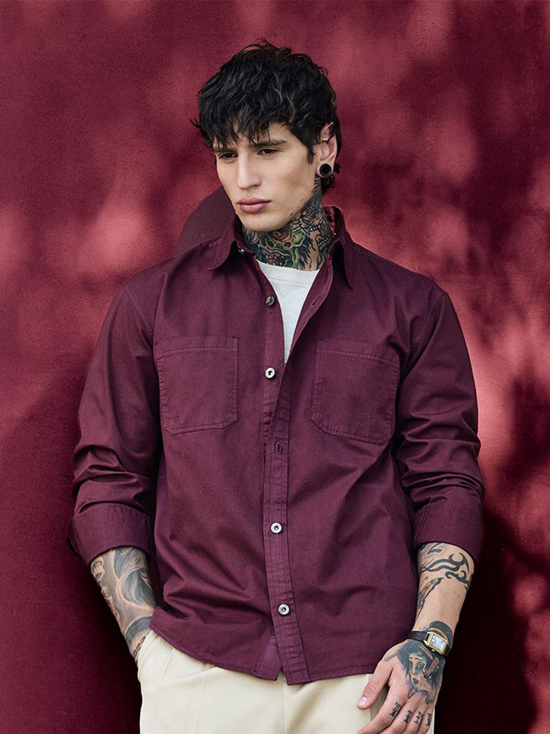 Snitch Bordeaux Light Weight Maroon Relaxed Fit Overshirt