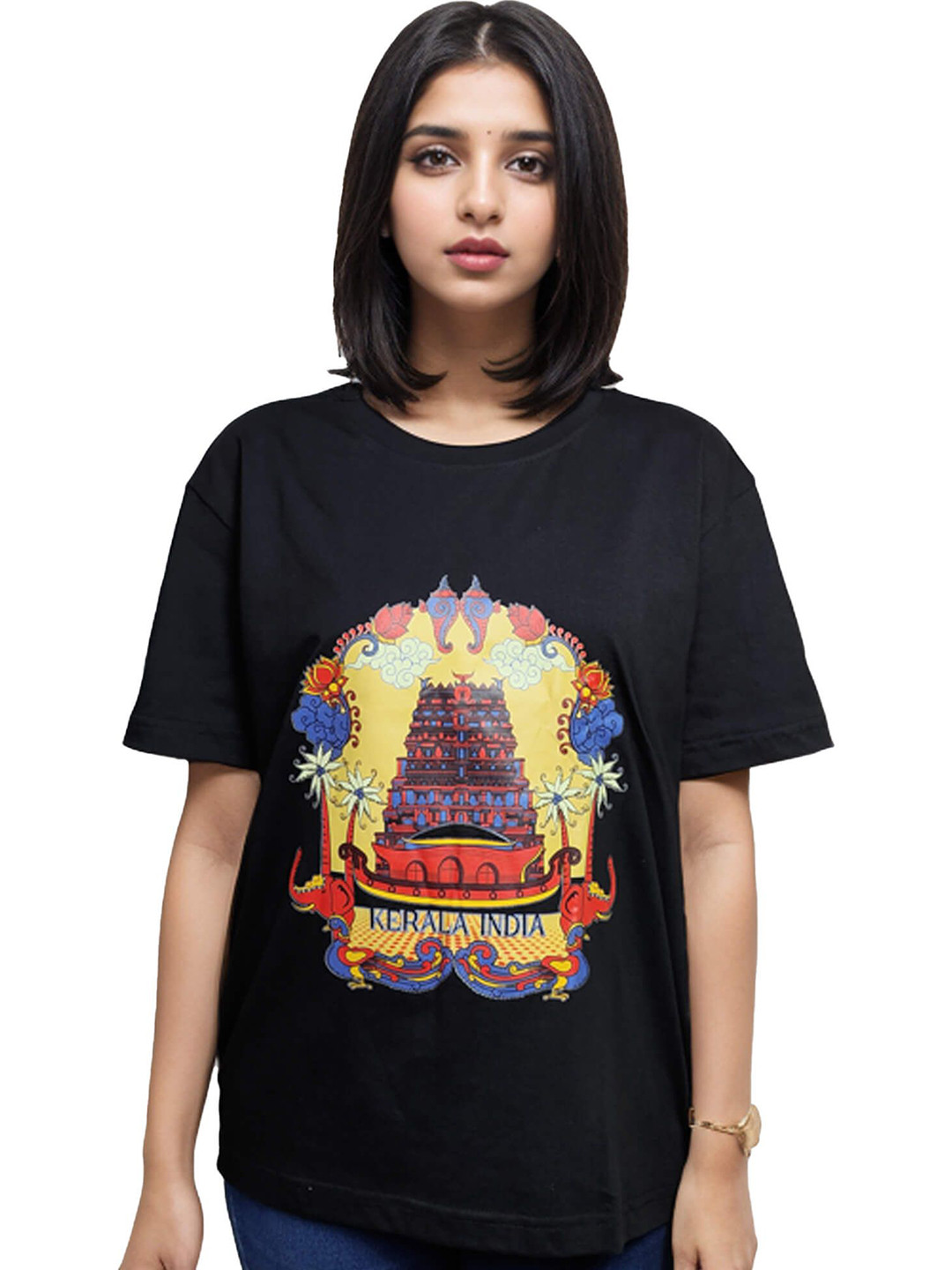 MAATIR DESIGNS Kerala Boat House Print Drop-Shoulder Sleeves Cotton T-shirt