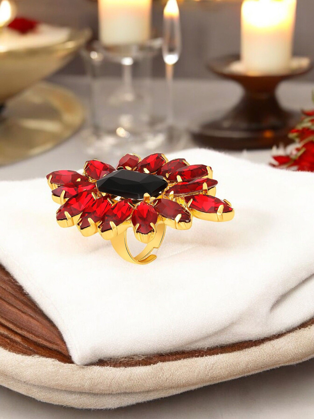 Mahi Elegant Red and BlackCrystal Flower Statement Ring