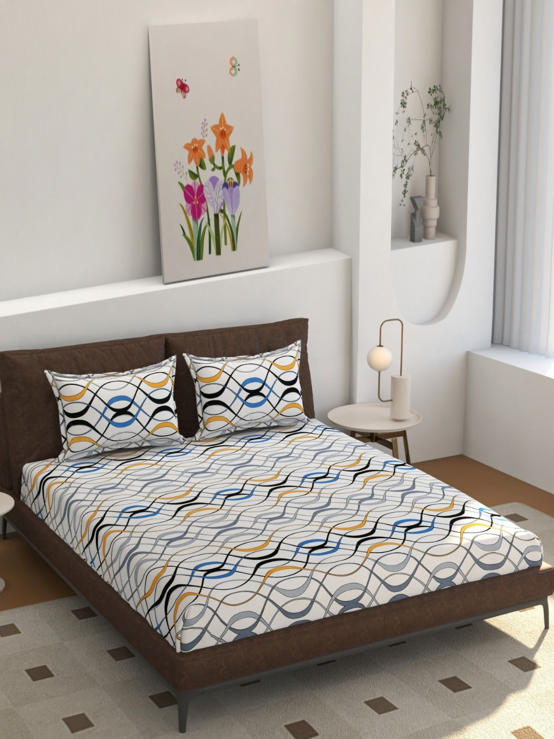 YaAkholic White Wave White Abstract Microfiber 210 TC Fitted King Fine Bedsheet with 2 Pillow Covers-78 x 72 inches