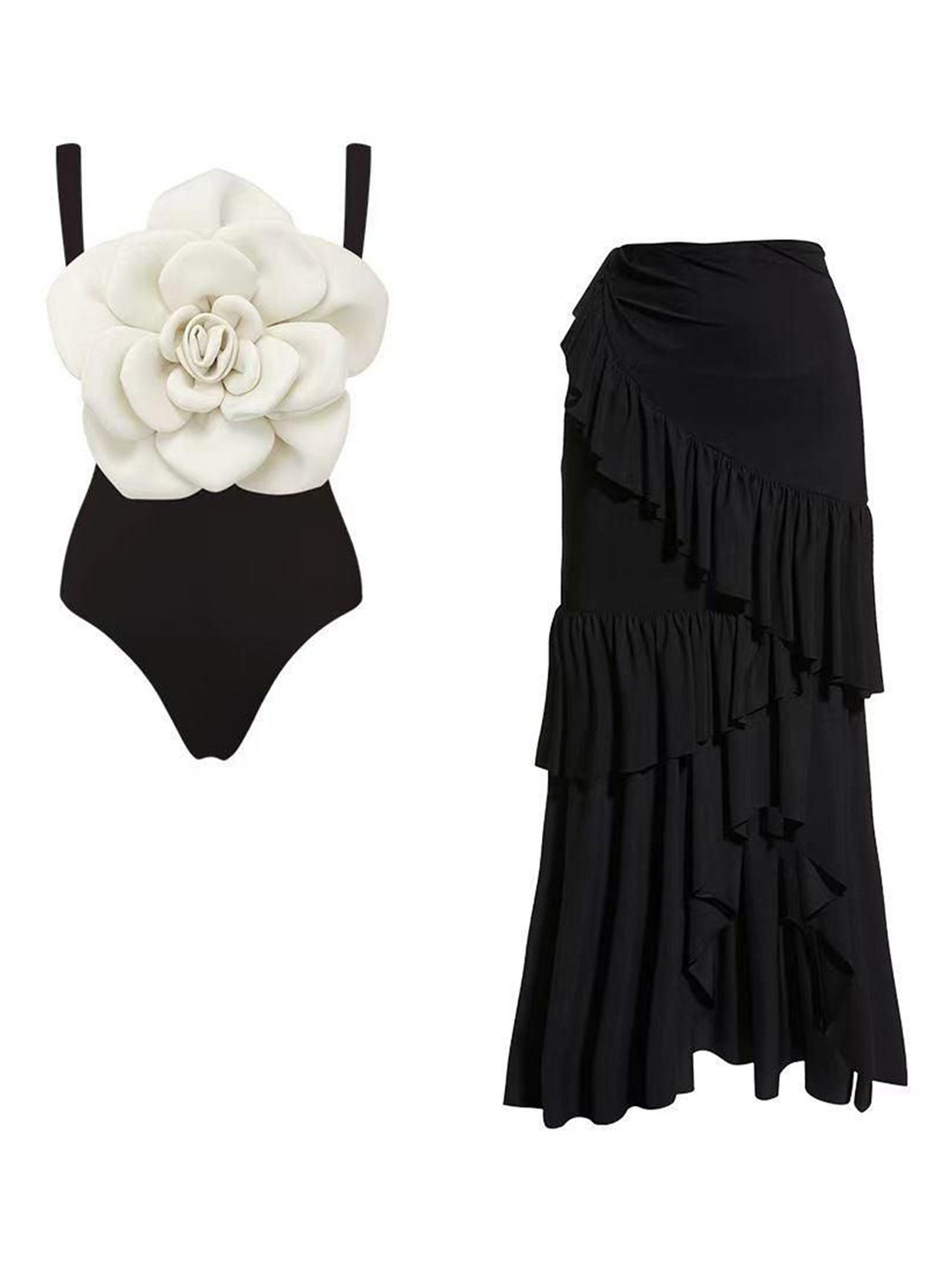 Miss Mosa By Akanksha  Camellia Rosette Swimsuit With Ruffled Skirt