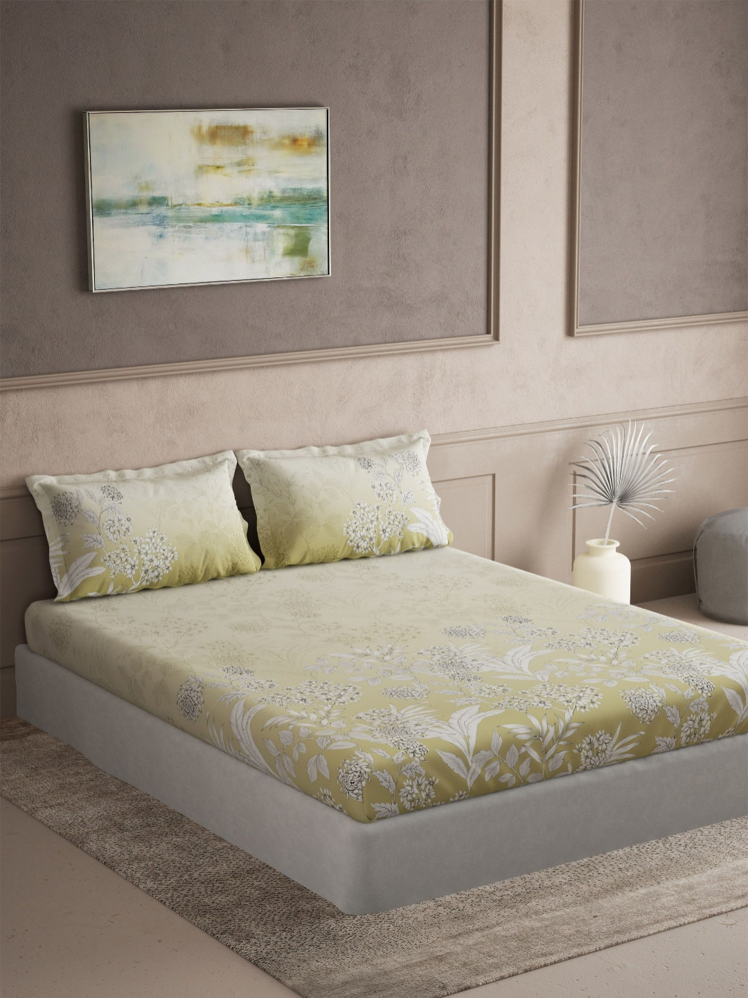 DDecor Elemental Yellow & White Floral Cotton 145 TC Queen Bedsheet Set-2.54 m x 2.74 m