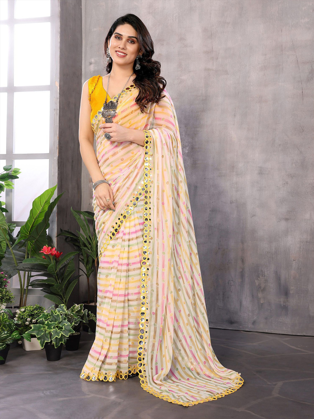 ROOP SUNDARI SAREES Polka Dot Stripes Mirror Work Pure Georgette Saree