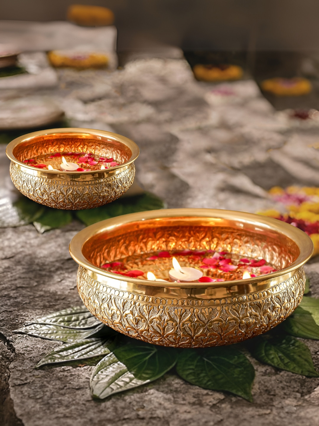 BEHOMA Gold Toned 2 Pieces Textured Embossed Decorative Urli Bowls