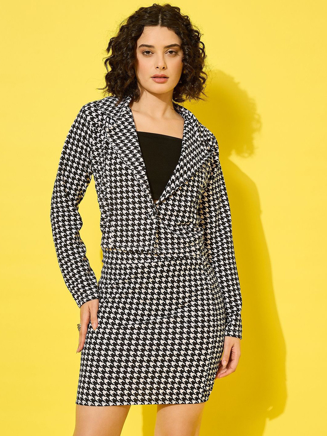 BUY NEW TREND Houndstooth Printed Notched Lapel Linen Blazer With Skirt