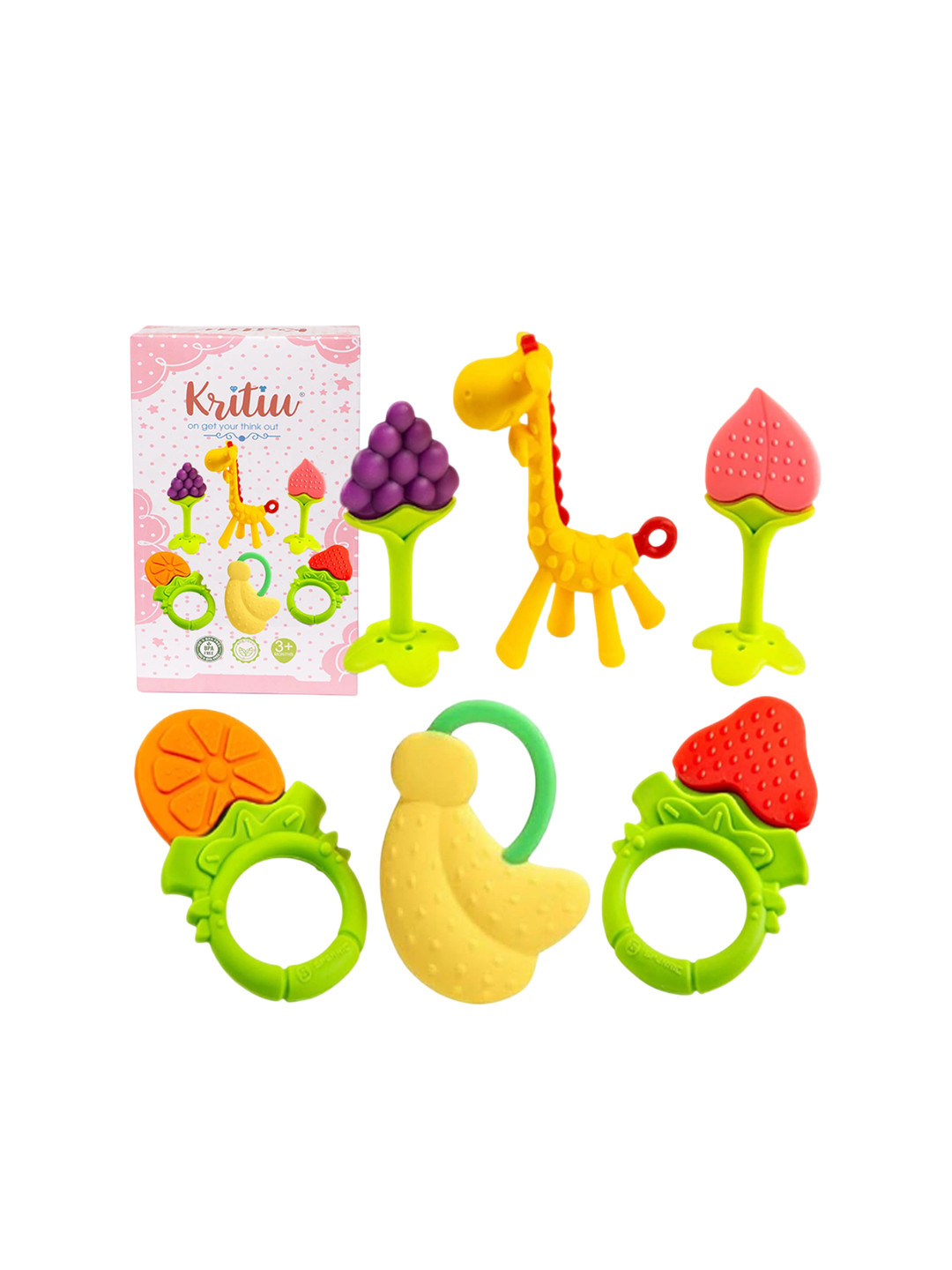 Kritiu 6-Pcs Yellow & Green BPA Free Non Toxic Silicone Fruit Shape Teething Toy Teethers