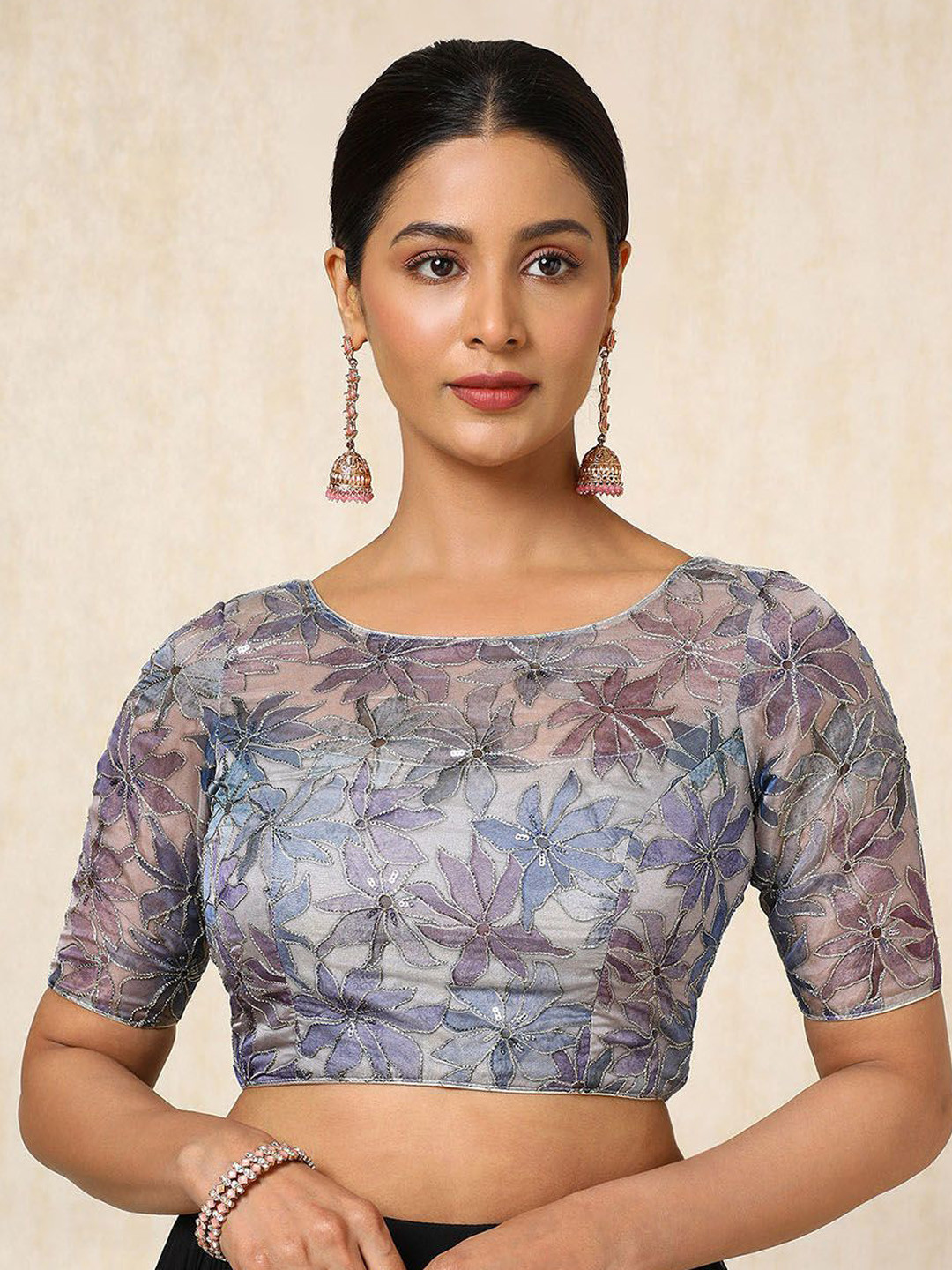 Soch Floral Printed Boat Neck Padded Saree Blouse With Sequins