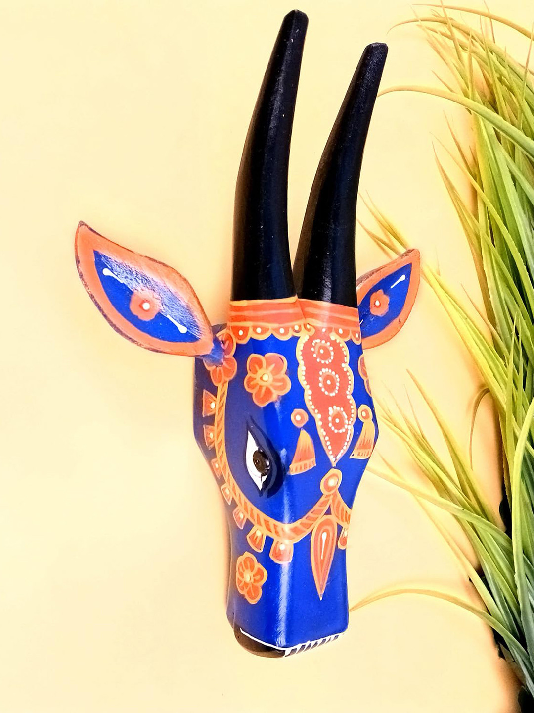 apka mart Blue & Yellow Printed Nandi Bull Cow Head Wooden Wall Hangings